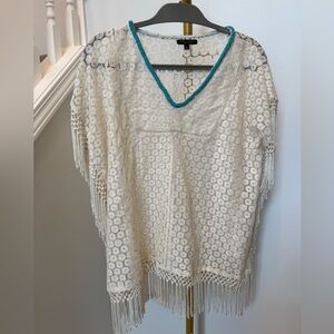 Alberto Makali White Lace Top with Turquoise Trim and Fringe